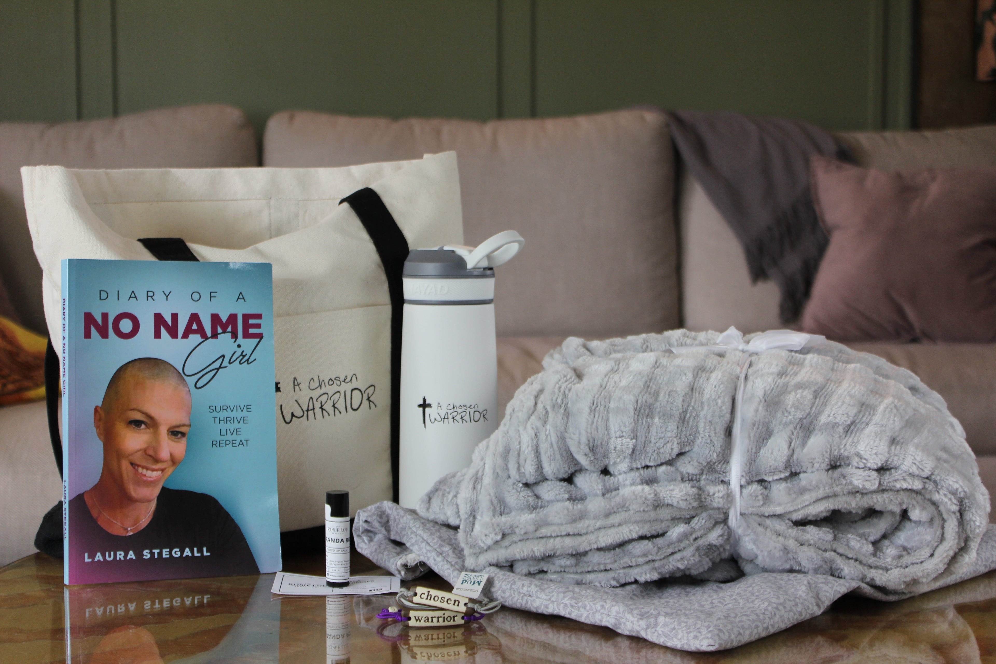 Book titled 'Diary of a No Name Girl' by Laura Stegall on a table with a blanket and other items.